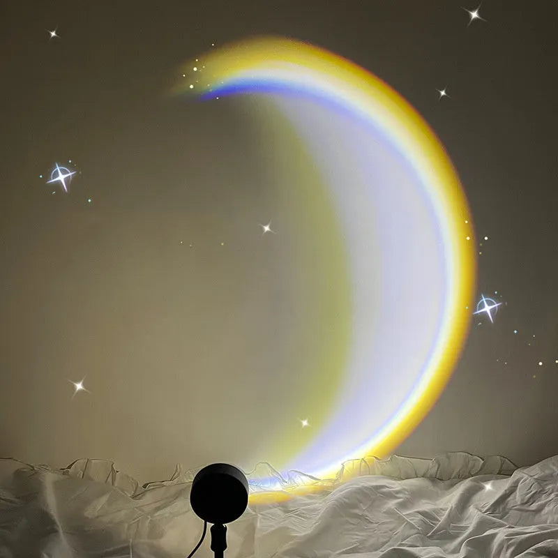 INS USB moon lamp LED rainbow neon night sunset light with 360° rotation on a bedside table