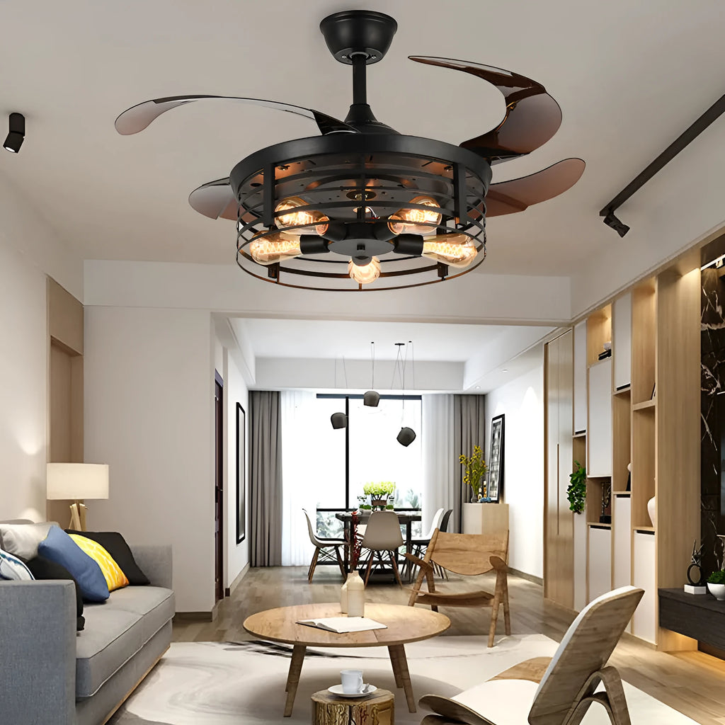 American retro-style ceiling fan lamp with retracted acrylic blades and integrated light shade, remote control on table.