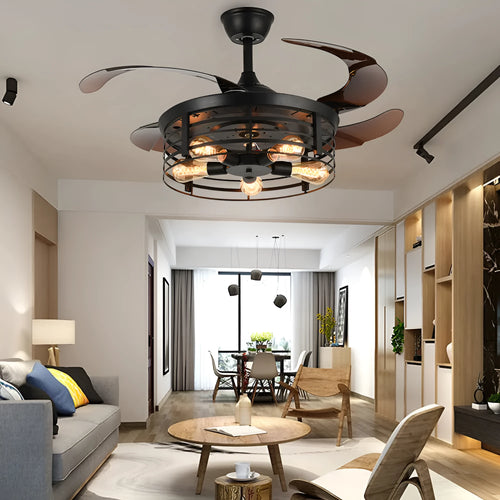 American retro-style ceiling fan lamp with retracted acrylic blades and integrated light shade, remote control on table.