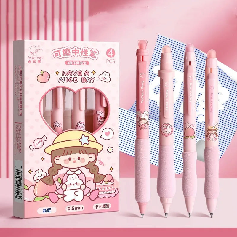 Cartoon-designed plastic gel pen with 0.5mm tip and erasable ink in black or blue.