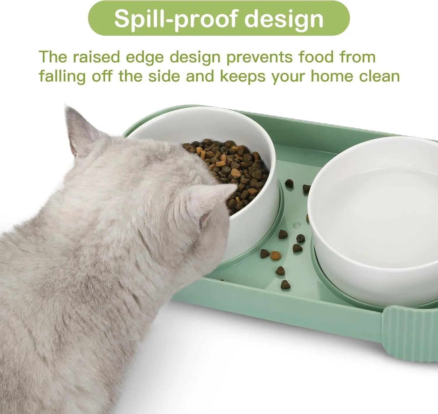Green ceramic raised cat bowl set with two bowls on a 15° tilted stand and non-slip base.
