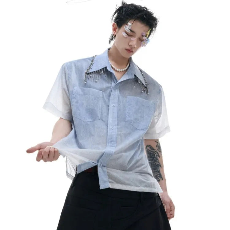 Man wearing a blue and white gradient loose-fit casual half-sleeve summer shirt