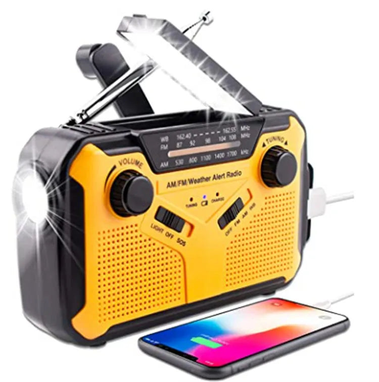 Yellow weather forecast solar emergency radio with solar panel, hand crank, and multi-band tuning