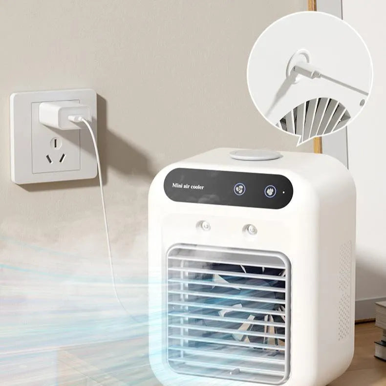 Ivory white portable USB air cooler fan with touchscreen panel on a desk