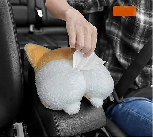Yellow corgi butt shaped car tissue box cover with elastic strap for sun visor mounting.