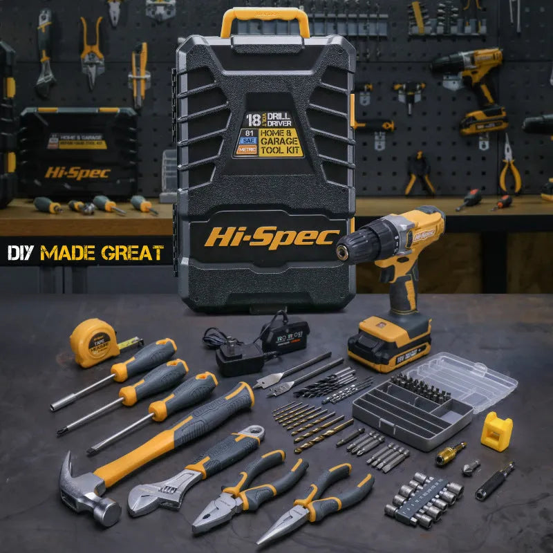 82-piece grey yellow tool kit for furniture installation with chrome-vanadium steel tools