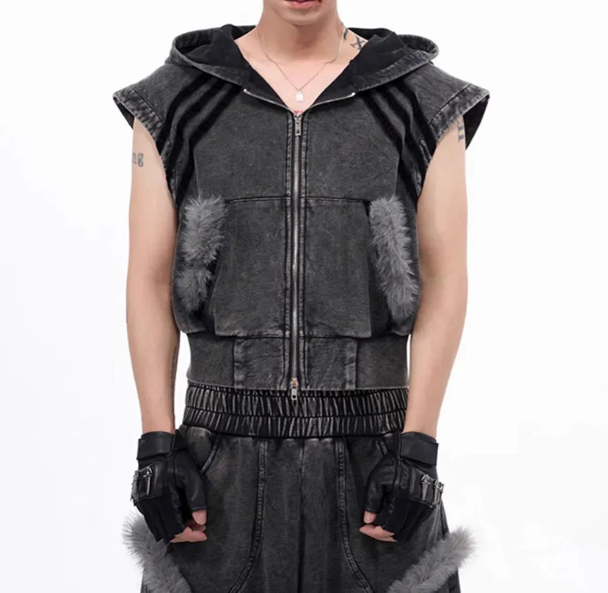 Black and grey stitching fur sleeveless hooded tank top and matching trousers set on a hanger