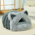Plush cat dog bed with cat ears decoration and collar in blue gray available in sizes M and L