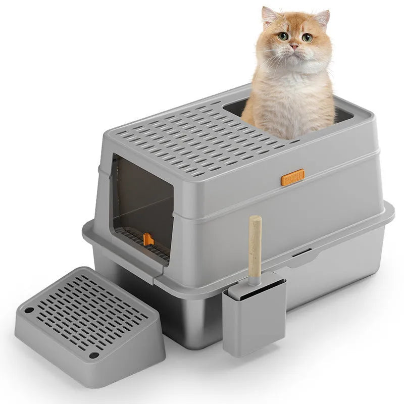 Grey stainless steel enclosed cat toilet with pedal mechanism for indoor feline use