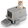 Grey stainless steel enclosed cat toilet with pedal mechanism for indoor feline use