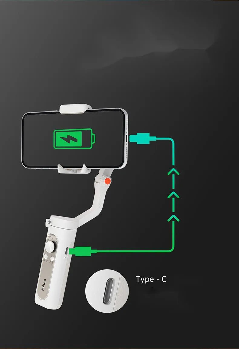 Black or white 3-axis phone stabiliser shown folded to its compact size.