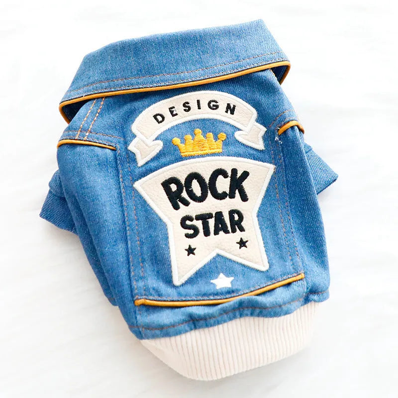 Blue denim rock embroidered pet coat for small dogs, available in XS S M L XL sizes.