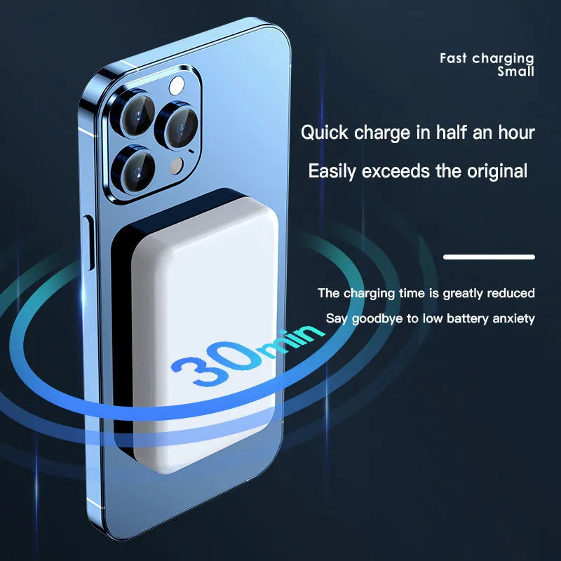 Pink plastic wireless magnetic power bank showing dimensions of 100mm by 64mm.