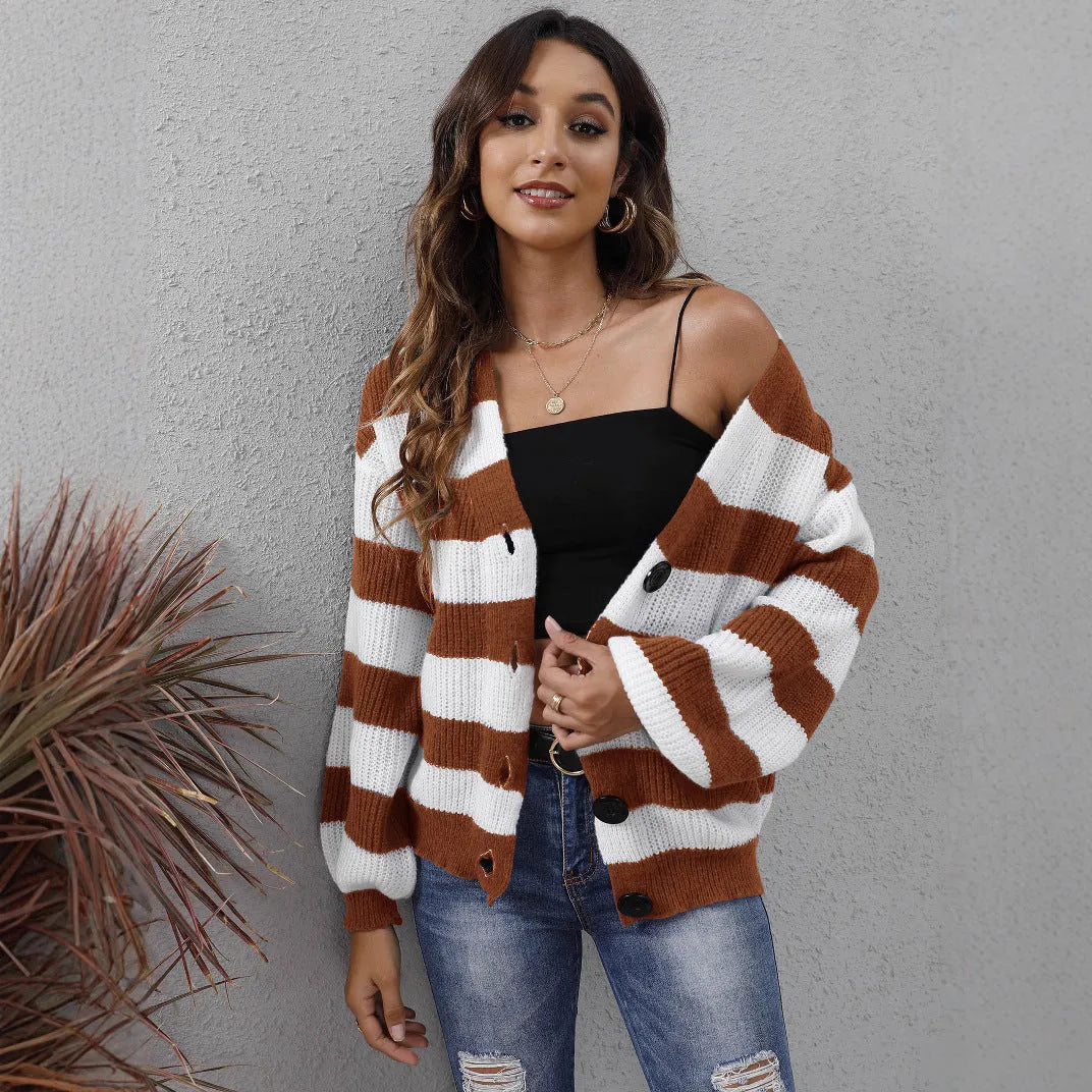 Blue striped women's cardigan sweater with button front and deer plush texture.