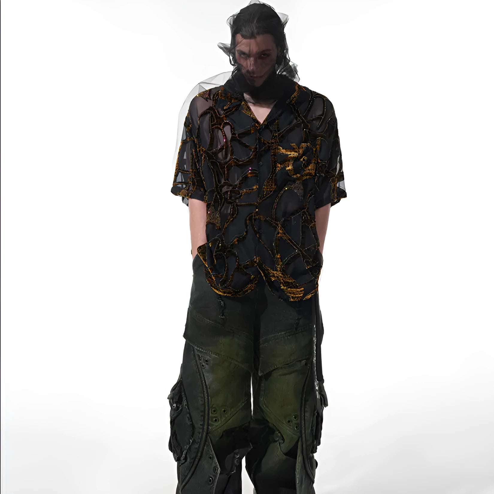 Man modelling a black and grey snake pattern translucent short-sleeved loose-fit shirt