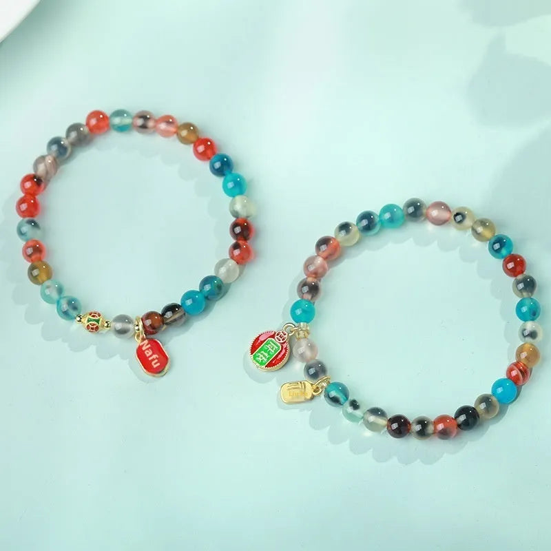 Women's natural agate snake bracelet with copper coin and coloured glaze decoration in choice of symbolic patterns