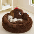 Plush grey sofa bed for small dogs and cats with raised sides, shown in medium and large sizes.