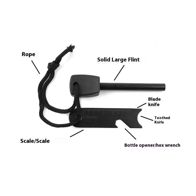 Black outdoor multifunctional survival flint with magnesium rod and stainless steel tools including whistle and bottle opener.