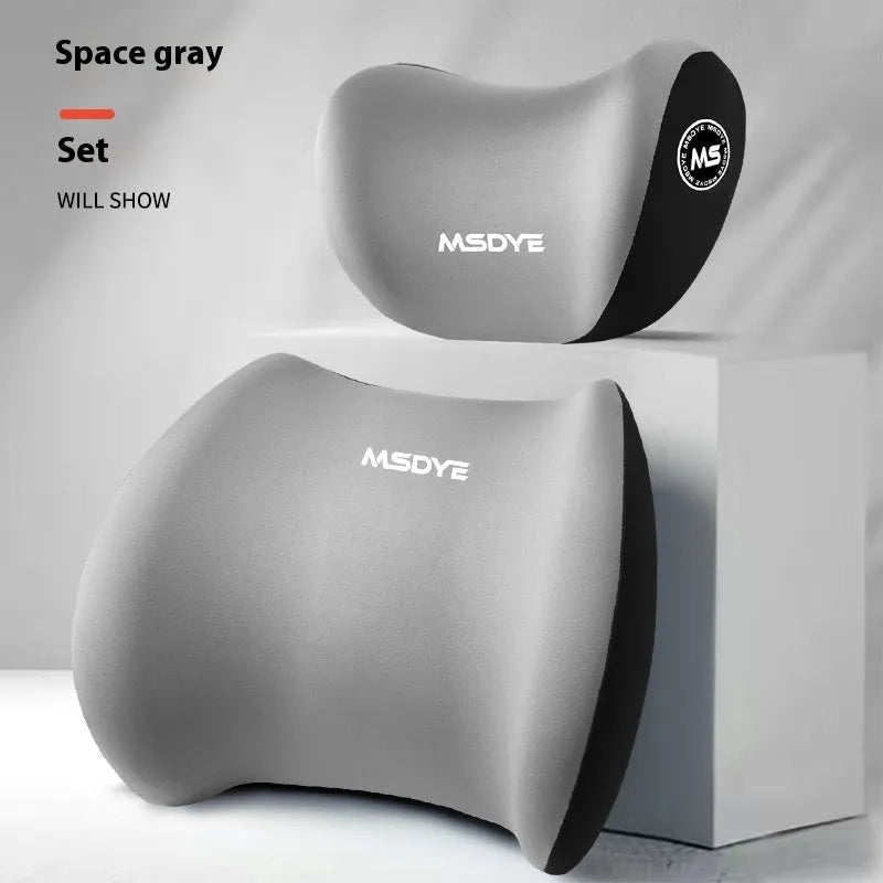 Memory foam car headrest and lumbar support pillow set with milk silk cover in black, showing both pillows.