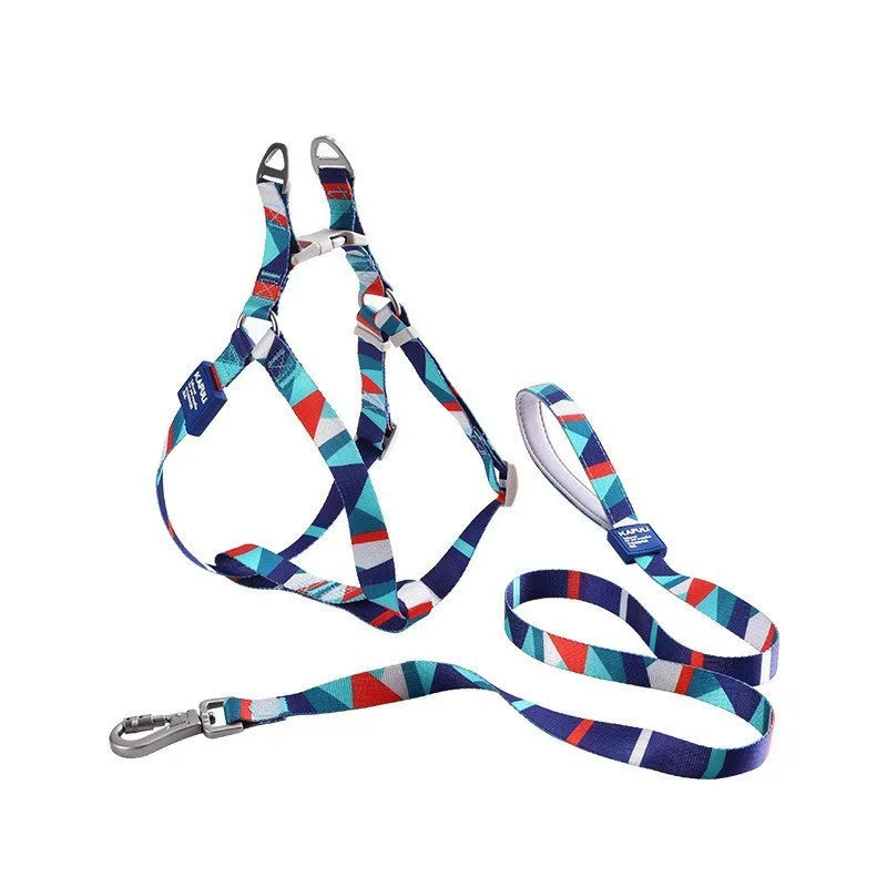 Blue dog haulage vest with integrated walking rope set showing chest strap and traction rope