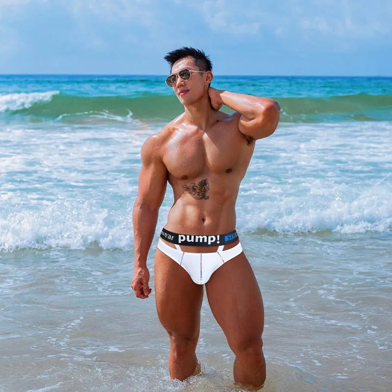 Men's black modal fabric briefs with low waist design on mannequin