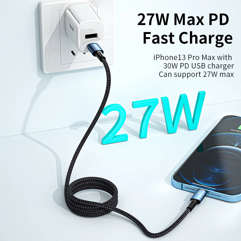 USB-C to Lightning fast charging cable with aluminium alloy connectors in black, showing length options.