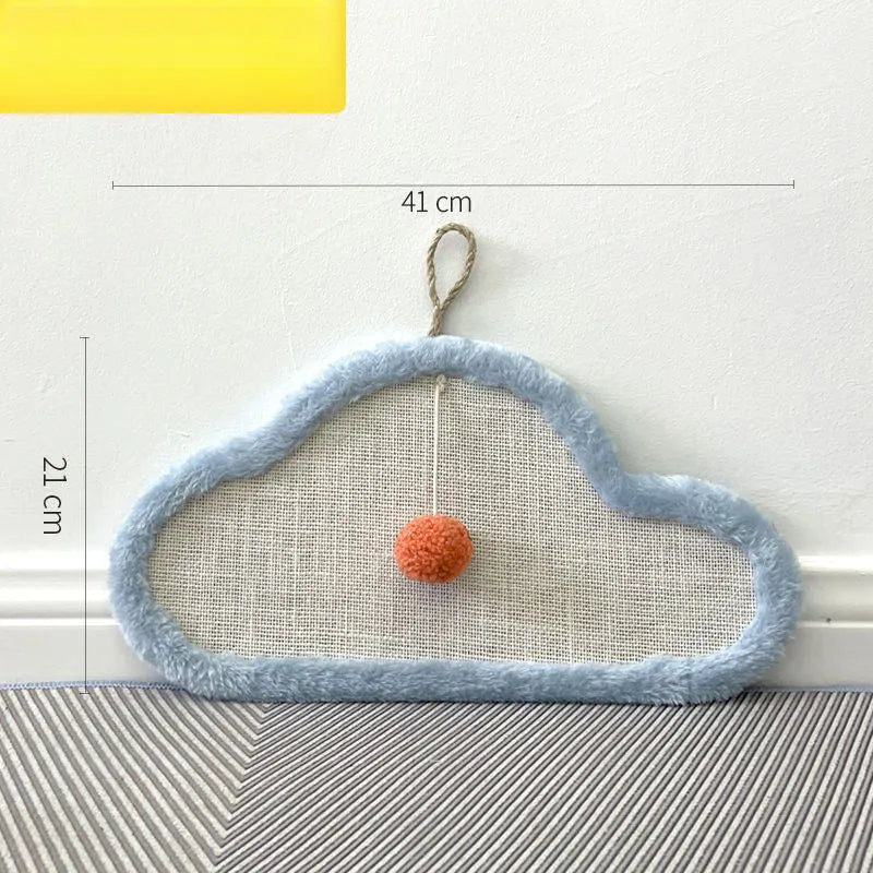 White cat scratching mat with cartoon cat design, made from natural sisal.