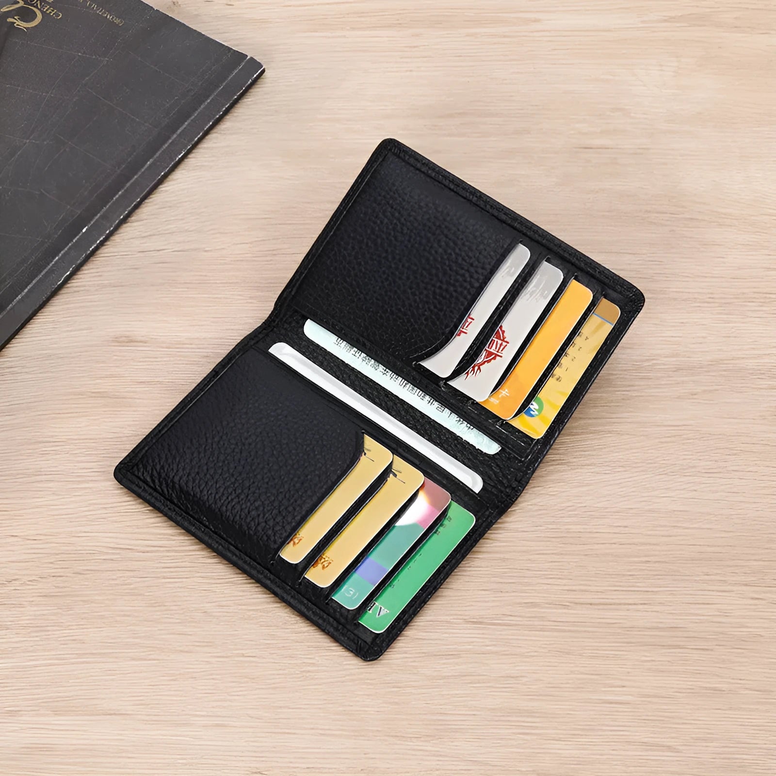 Genuine cowhide leather credit card holder in black or brown with urban simplicity styling