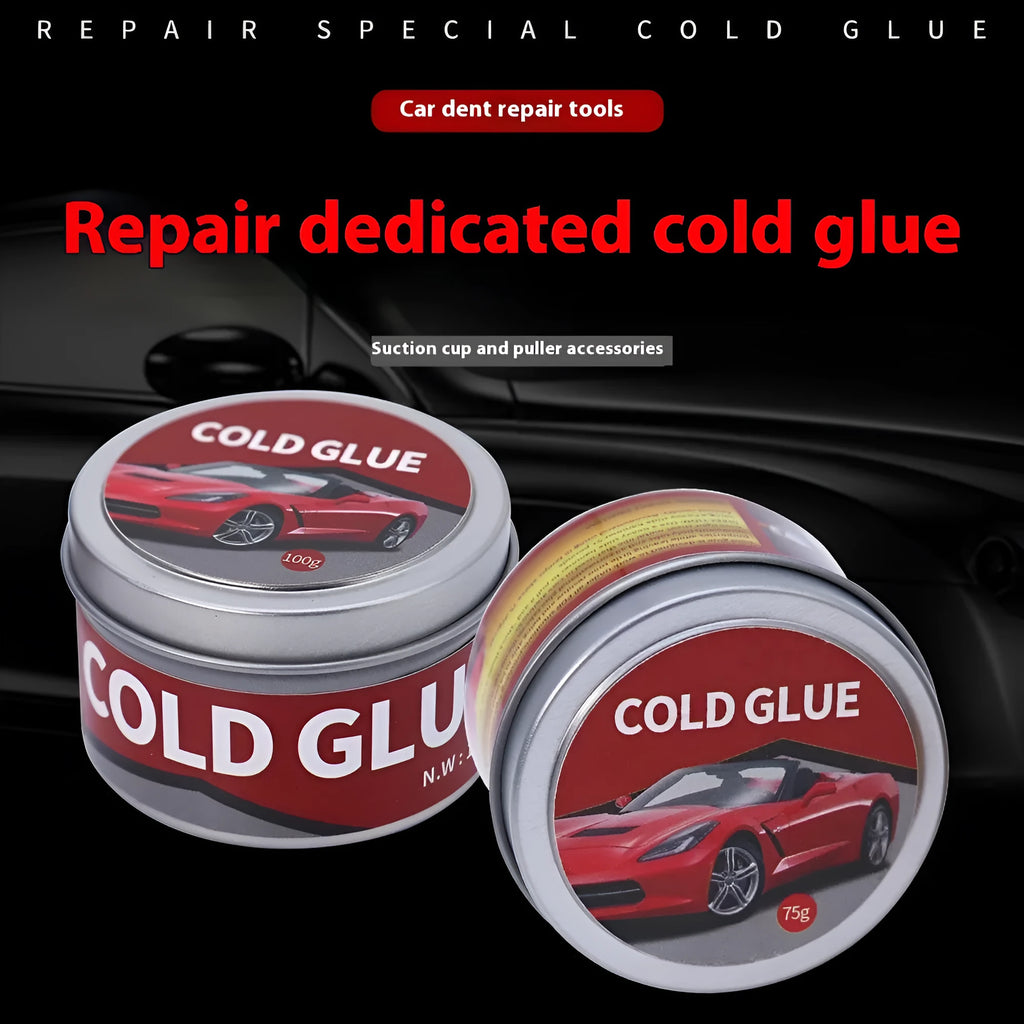 Automobile dent repair cold glue container for car body panel repairs