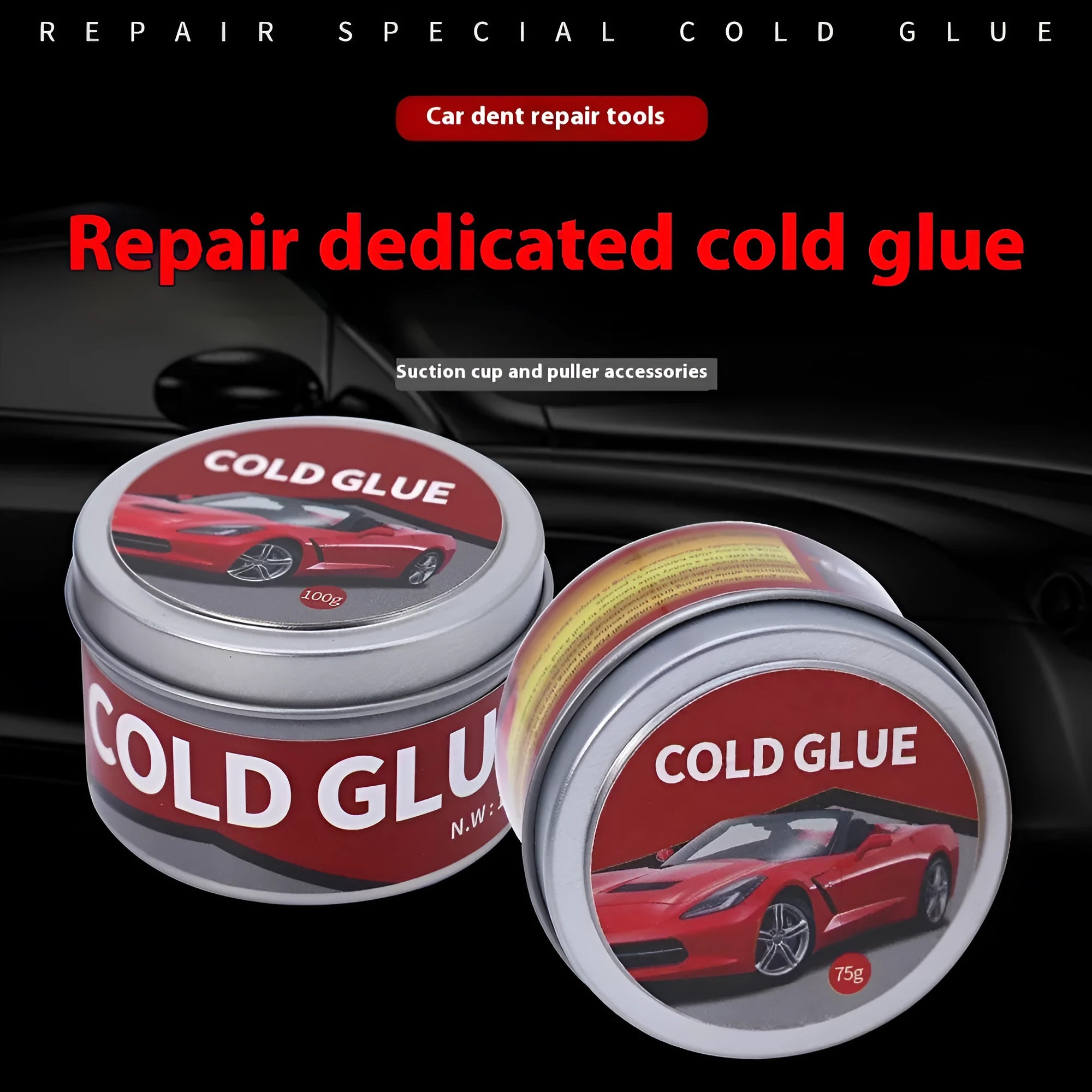 Automobile dent repair cold glue container for car body panel repairs