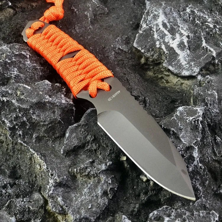 Multi-function survival knife with 80mm blade, binding rope handle and ABS sheath