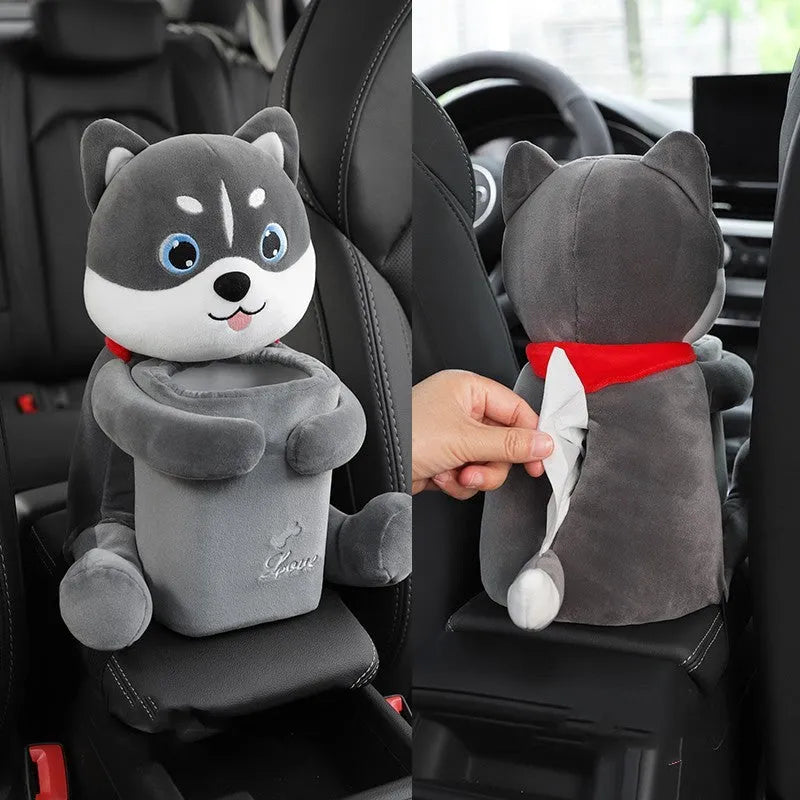 Plush car tissue box and rubbish bin combination in cute animal design for vehicle centre console