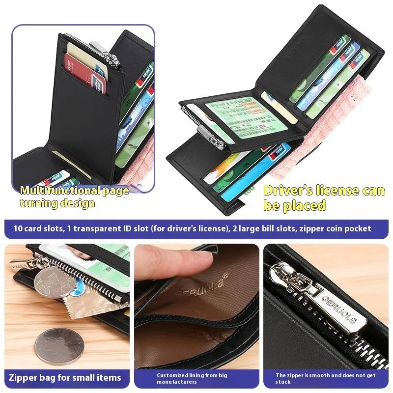 Men's brown leather short wallet with zipper closure and rhombus pattern