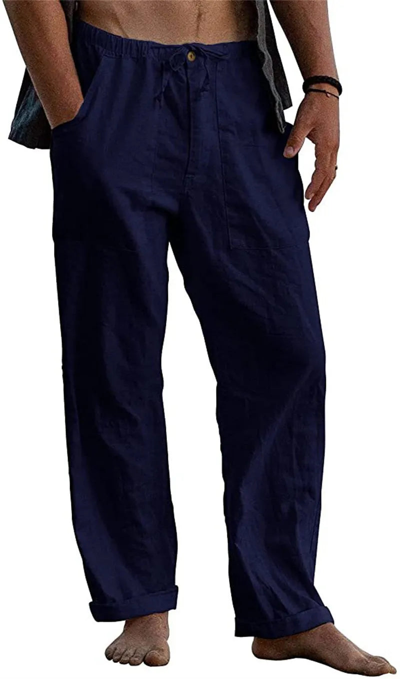 Men's loose fit cotton casual trousers with drawstring waist in solid colours, sizes S to 5XL