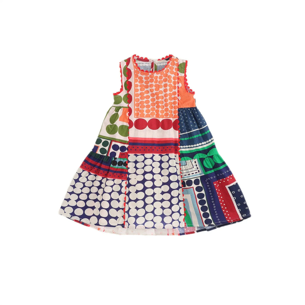 Girls sleeveless cotton dress with abstract colour contrast patchwork in skirt colour, suitable height 90cm to 140cm