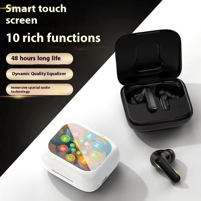 Wireless Bluetooth in-ear headset with touch noise reduction and colour screen, shown in black or white