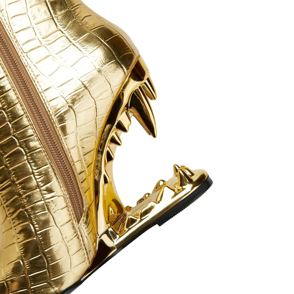 Gold women's pointed tiger tooth heel wedge shoes with side zipper and rubber sole