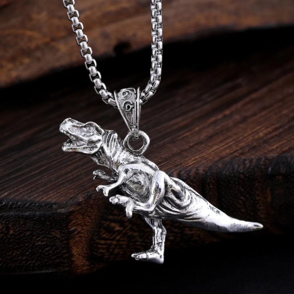 New Hip Hop Style Titanium Dinosaur Pendant necklace on display