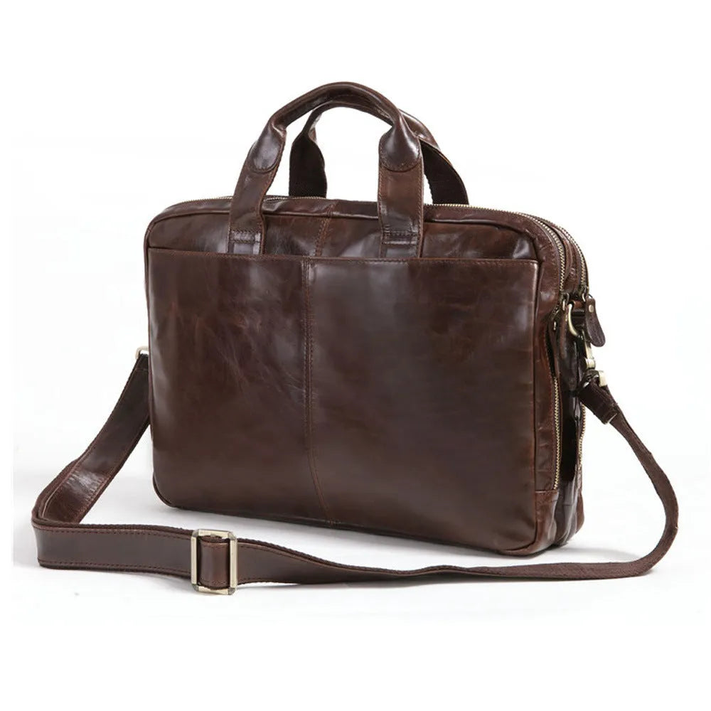 Brown 18-inch men's business briefcase in first layer cowhide leather with computer compartment