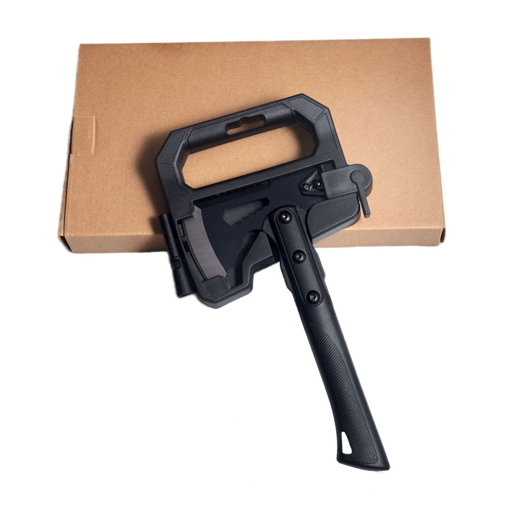 Stainless steel camping axe with ABS plastic handle in outdoor setting