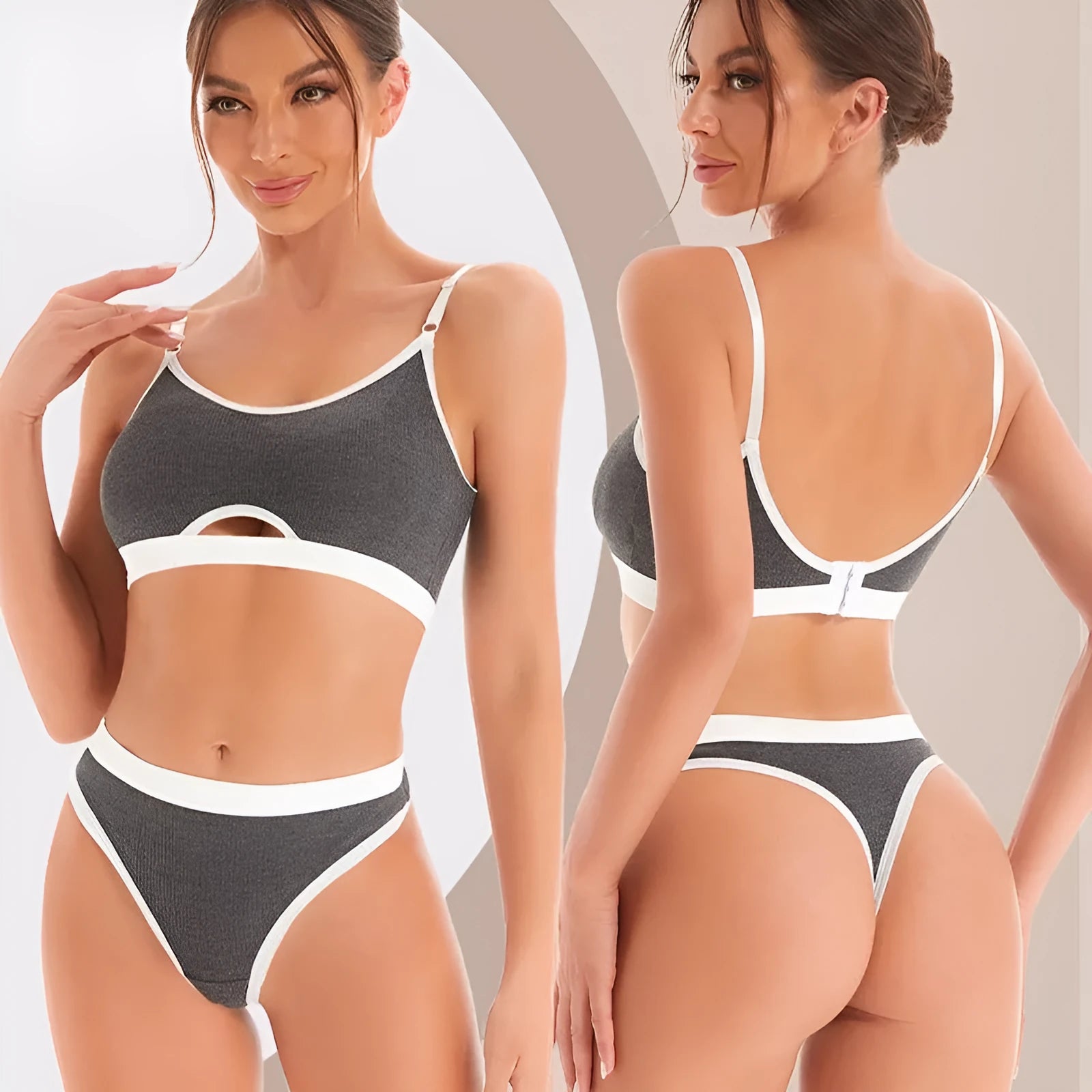 Seamless contrast back sports bra top set with moulded cup in black, grey, khaki, green, or white.