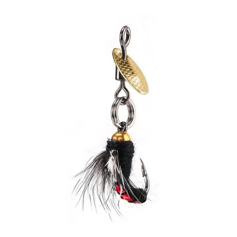 Five multicolour fishing hooks with poisonous mosquito and fly patterns and spinning sequins