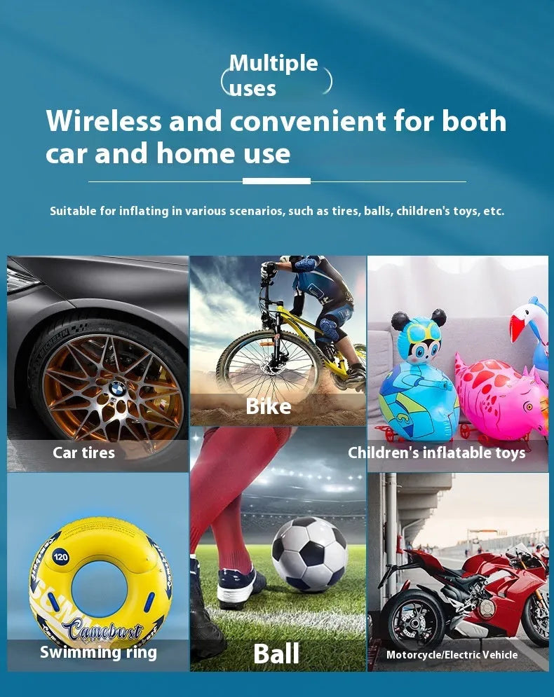 Black portable wireless tyre pump with digital display, LED flashlight, and USB cable on a grey background.