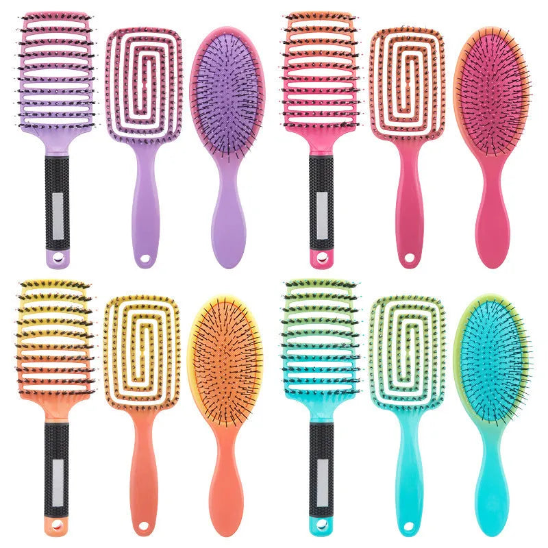 Gradient curly hair hollow comb set with three combs in blue, orange, purple and red gradient colours