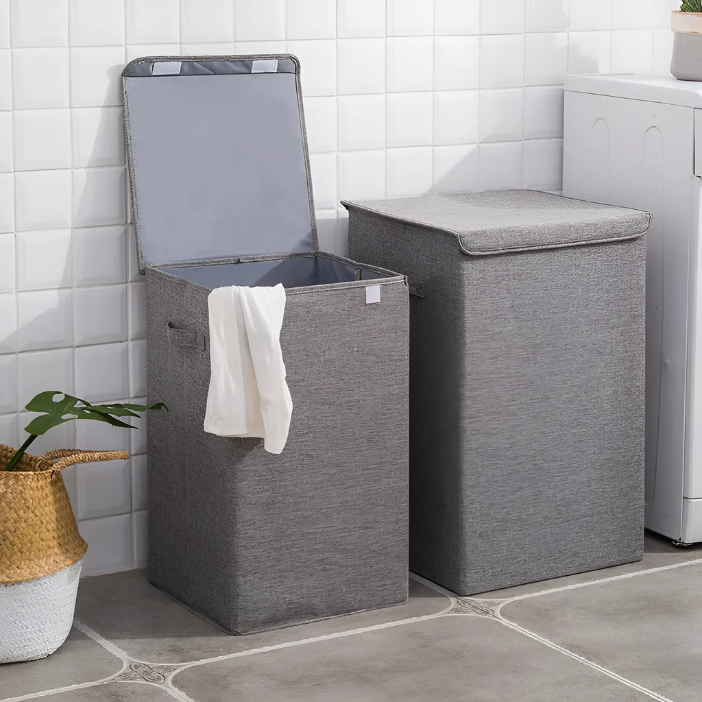 Foldable cotton linen storage basket in brown colour showing three-dimensional structure