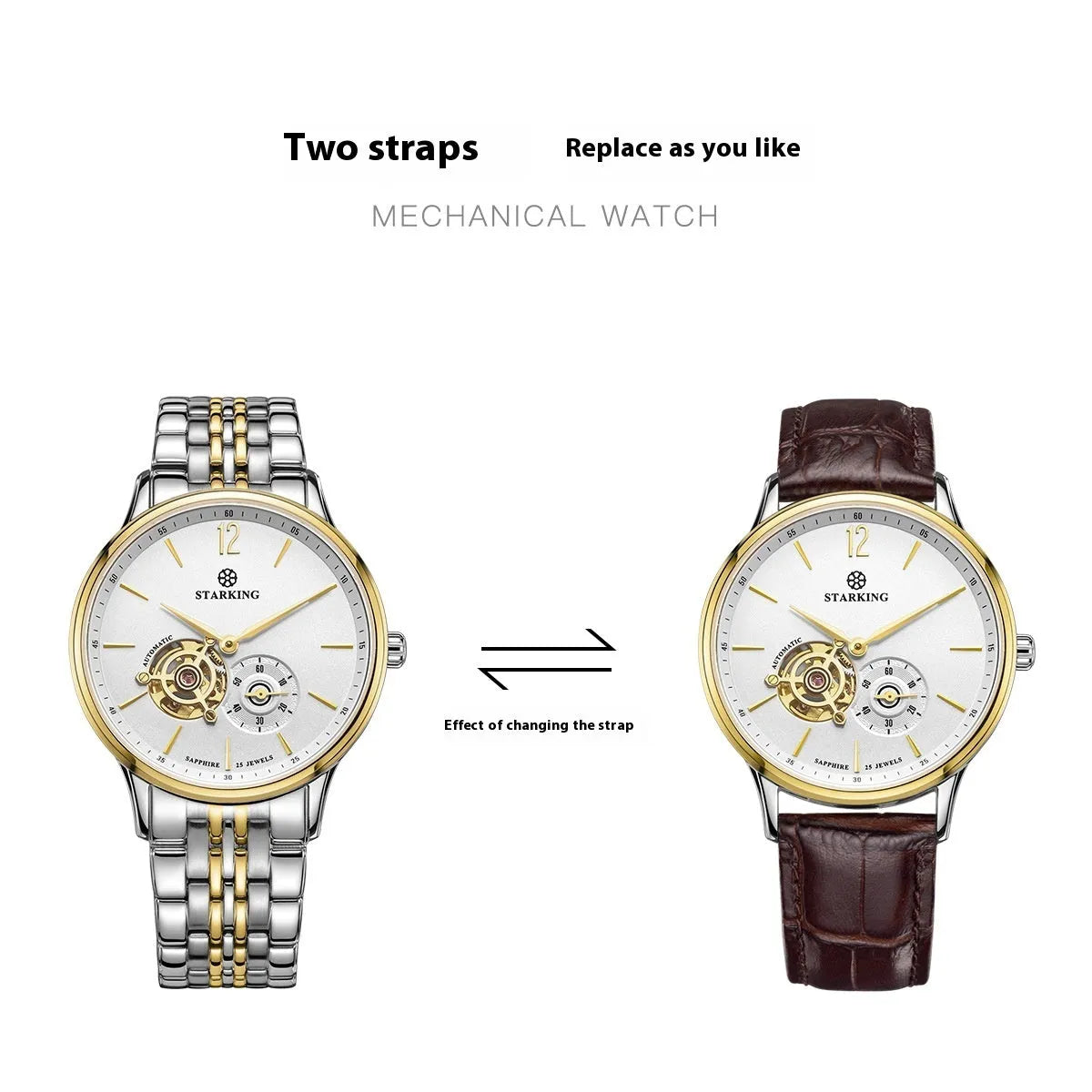 Automatic mechanical men's business watch with brown leather strap and stainless steel case.