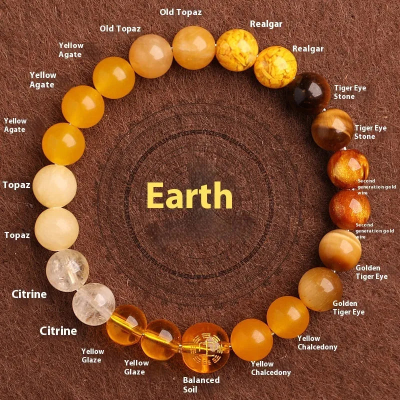 Green agate balance energy bracelet with natural crystal beads in five elemental colours