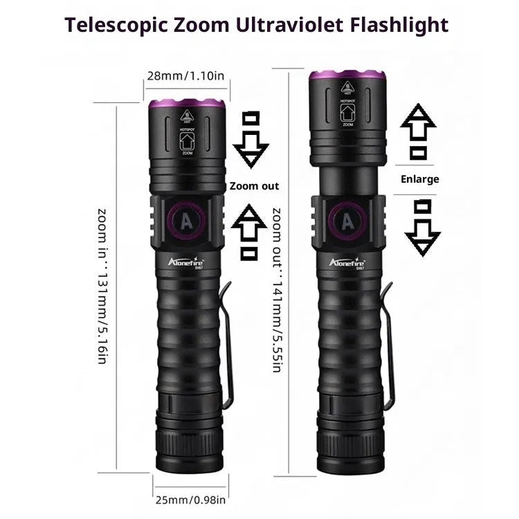 5W UV banknote verification flashlight with aluminium alloy body, available in 365NM or 395NM