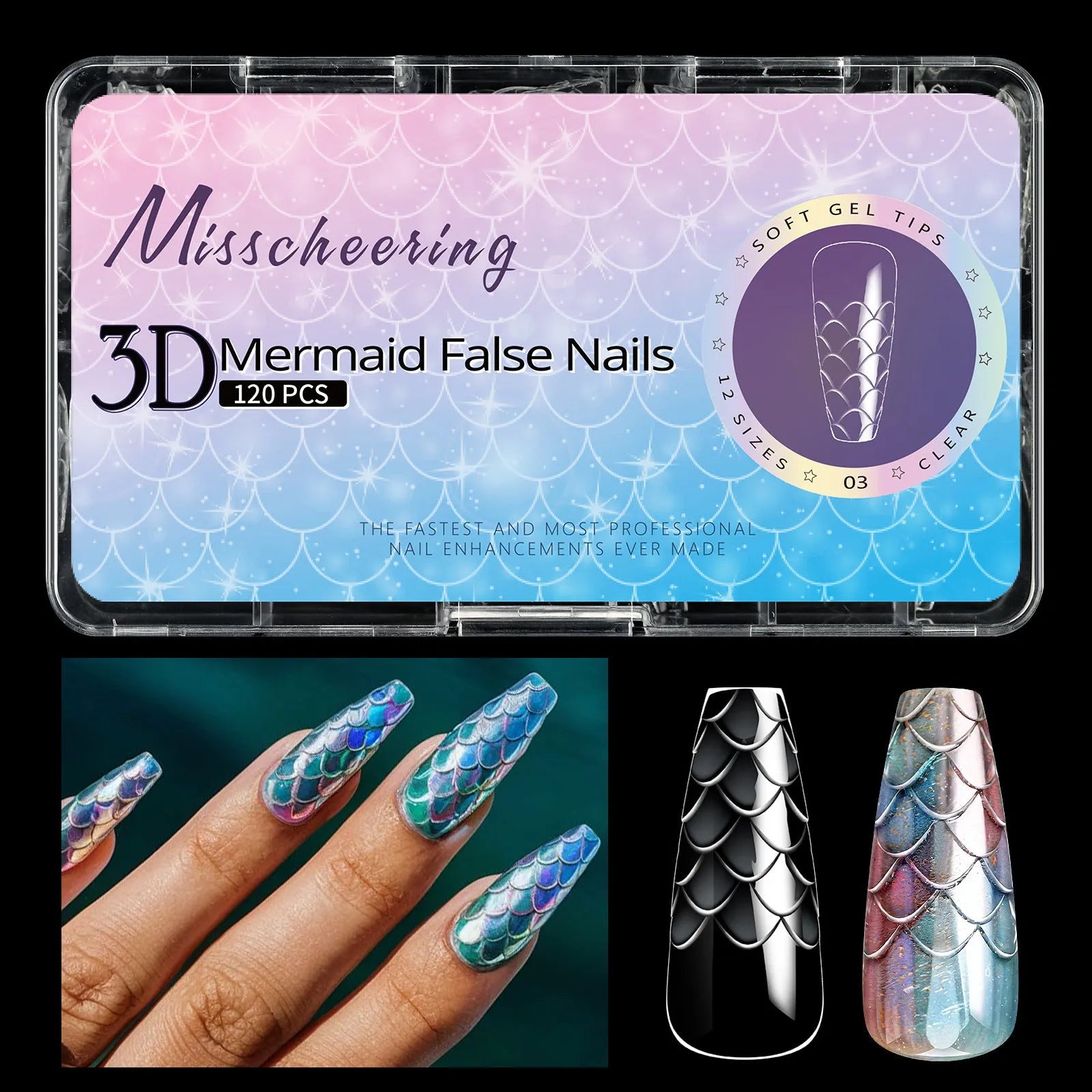3D scale long shaping artificial nail tips with deep C-curve in Frigate Box colour options
