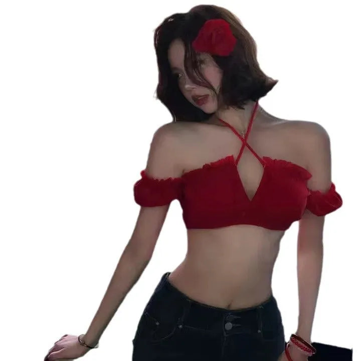 Women's red puff sleeve bikini set with skirt top and solid colour briefs on mannequin